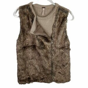 Poof! Faux Fur Front Vest Sweater Back Women's Small Brown Side Full Zip